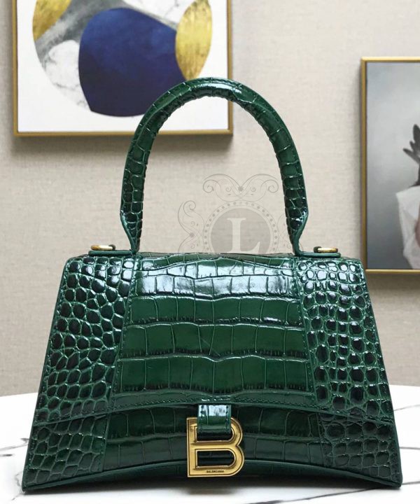 Replica Balensiaga Hourglass Top Chanele Bag Dark Green Crocodile