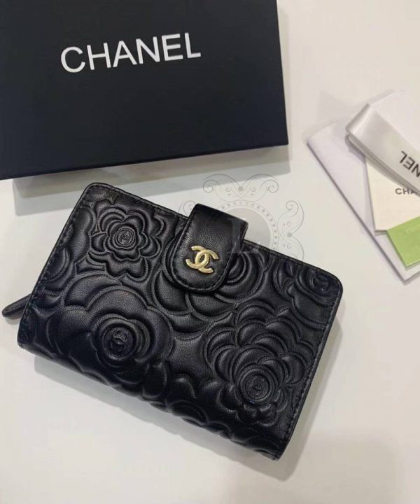 Replica Chanel Camellia Black Embossed French Wallet