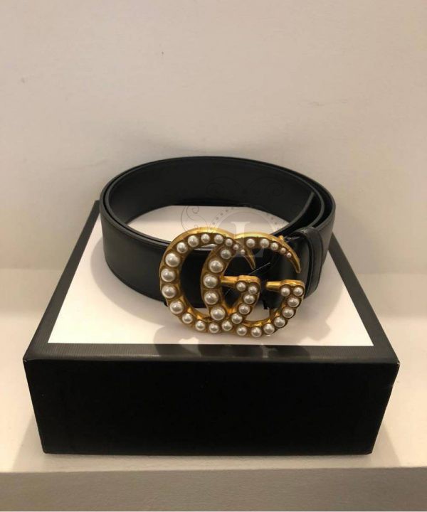 Replica Gucci Leather Belt with Pearl Double G Buckle