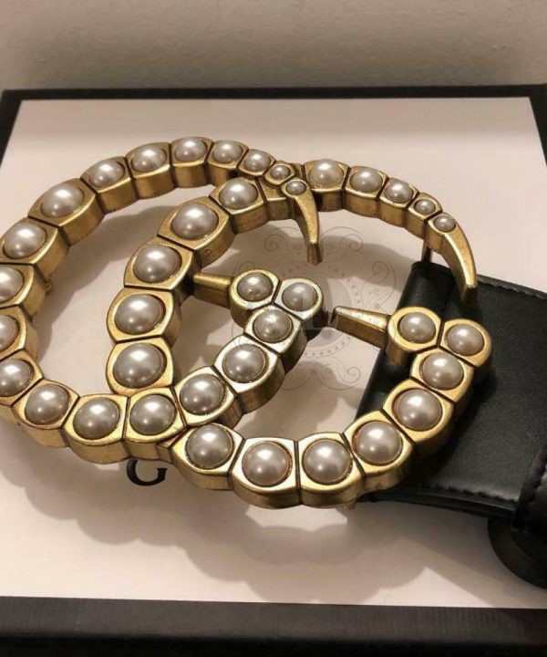 Replica Gucci Leather Belt with Pearl Double G Buckle